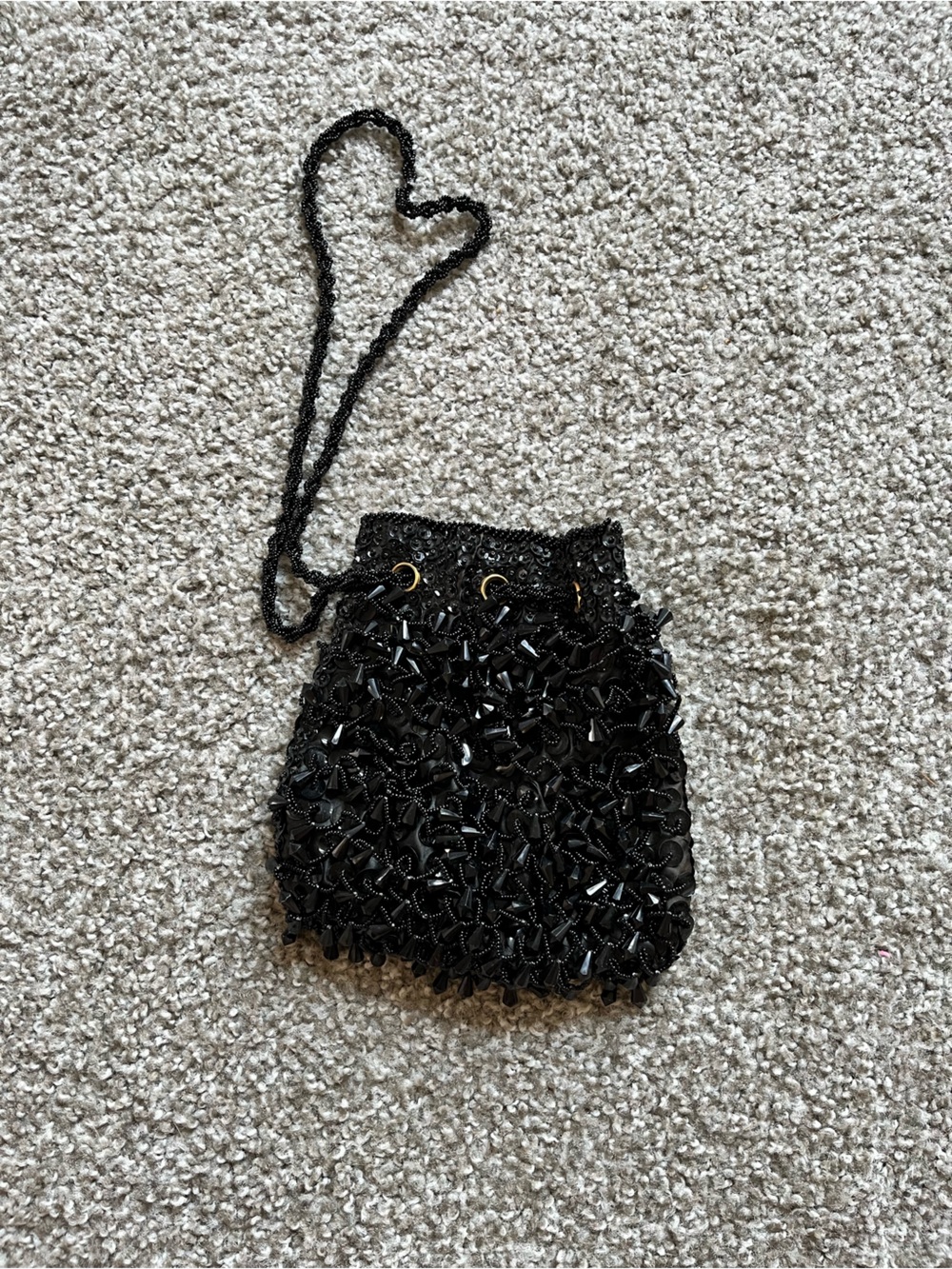 Vintage Black Beaded Evening Drawstring Bag